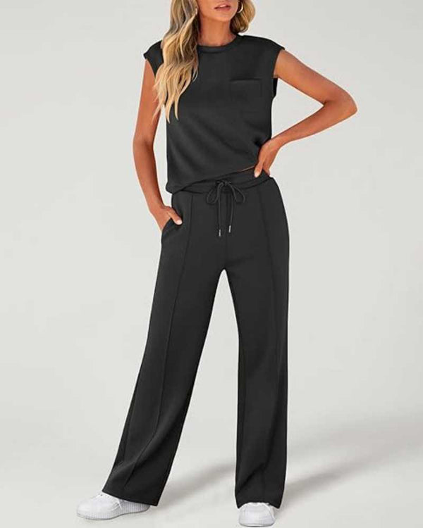 Women's Solid Tank Top & Drawstring Waist Wide Leg Pants Two-piece Set