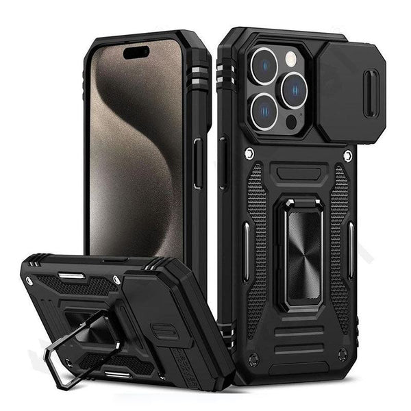 Military-Grade Shockproof Phone Case with Sliding Camera Shield & 360° Ring Stand